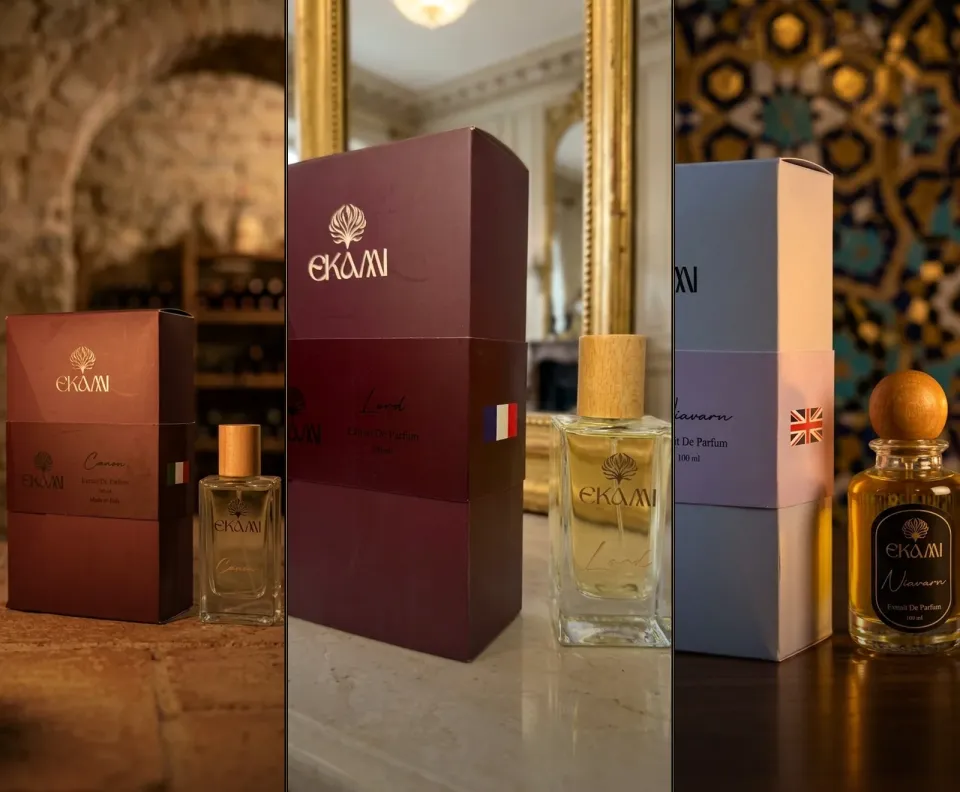 Ekami Extrait de Parfums Canon, Lord and Niavarn with their boxes