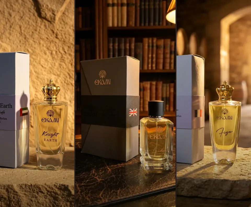 Ekami Extrait de Parfums Knight Earth, Leader and Figo with their boxes